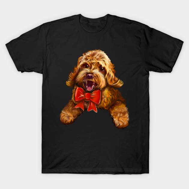 Cute Cavapoo Cavoodle puppy dog with red bow  - cavalier king charles spaniel poodle, puppy love T-Shirt by Artonmytee